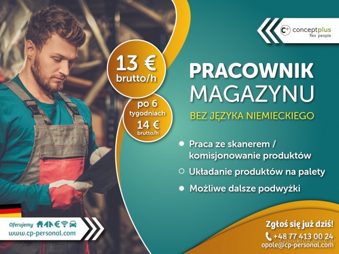 Pracownik magazynu (k/m)- bez znajomości języka niem - do 14 € brutto/h!